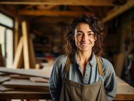 jung weiblich Zimmermann Stehen zuversichtlich wie Holz Designer im Holz Arbeiten Geschäft, Geschlecht Gleichberechtigung Konzept, ai generiert foto