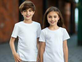 süß Geschwister oder Freund, Junge und Mädchen tragen leer leeren Weiß T-Shirt Attrappe, Lehrmodell, Simulation zum Design Vorlage, ai generiert foto