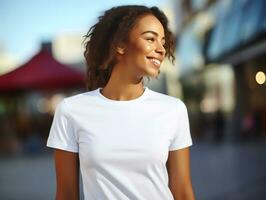 attraktiv jung Frau tragen leer leeren Weiß T-Shirt Attrappe, Lehrmodell, Simulation zum Design Vorlage, ai generiert foto