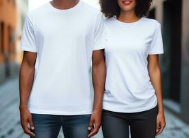 ein Paar Freund und Freundin tragen leer Weiß passend T-Shirts Attrappe, Lehrmodell, Simulation zum Design Vorlage, ai generiert foto