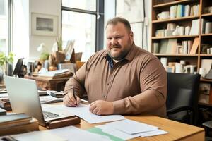 Plus Größe Manager Geschäftsmann Vorsitzender Arbeiten im modern Büro, ai generativ foto