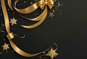 ein elegant Weihnachten Schöne Grüße Banner mit golden Strudel Bänder anmutig Wicklung um leuchtenden Sterne auf ein Reich schwarz Hintergrund foto