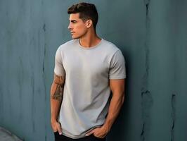 attraktiv Mann tragen leer leeren grau T-Shirt Attrappe, Lehrmodell, Simulation zum Design Vorlage, ai generiert foto