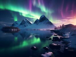 Landschaft von schön Aurora Borealis Über schneebedeckt Berg Hintergrund, ai generiert foto