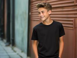 süß Teen Junge tragen leer leeren schwarz T-Shirt Attrappe, Lehrmodell, Simulation zum Design Vorlage, ai generiert foto