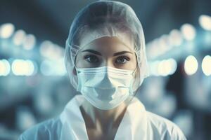 medizinisch Forschung Labor, Porträt von weiblich Wissenschaftler tragen Gesicht Maske suchen beim Kamera, ai generiert foto