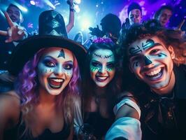 Gruppe von jung Menschen tragen Kostüme beim Halloween Party Trinken Cocktails und haben Spaß im Nachtclub, ai generiert foto