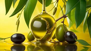 erstellen ein visuell fesselnd Bild von reif Oliven und ein Nieselregen von golden Olive Öl schwebend auf ein üppig Grün Hintergrund. Vitrine das locken von Mittelmeer Küche und es ist Reich Aromen. foto