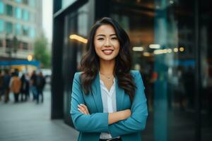 attraktiv asiatisch Geschäftsfrau Vorsitzender zuversichtlich und stand Vorderseite von modern Büro, ai generiert foto