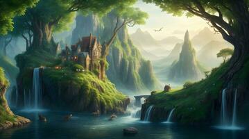 ein szenisch Fantasie Welt hd Hintergrund mit schwebend Inseln, Kaskadierung Wasserfälle, und schwebend Schlösser foto