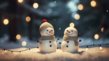 zwei süß Schneemänner im ein Deckel und Schal im Winter Schnee Szene Hintergrund, Feier Konzept, ai generiert foto