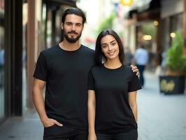 ein Paar Freund und Freundin tragen leer schwarz passend T-Shirts Attrappe, Lehrmodell, Simulation zum Design Vorlage, ai generiert foto