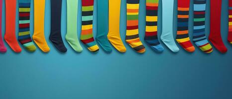 abstrakt Hintergrund mit bunt Socken zum National Socke Tag. feiern Ihre Liebe von Socken, perfekt zum Werbung, Banner, und Sozial Medien Beiträge. Kopieren Raum verfügbar zum Ihre Text. generativ ai foto