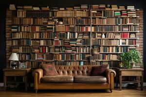 ein Mauer mit überfüllt Bücherregale oben zu das Decke, ein Sofa Nächster zu das Bücherregale. generiert durch künstlich Intelligenz foto