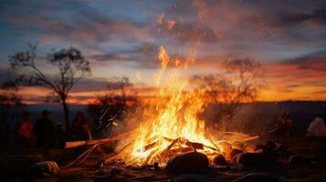 ai generativ Sonnenuntergang Über ein Lagerfeuer foto