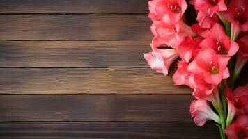 Gladiole Blume auf ein Holz Hintergrund mit Kopieren Raum, ai generativ foto