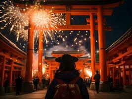 unbekannt Menschen genießen Feuerwerk beim das berühmt kiyomizu-dera Tempel im Kyoto, Japan foto