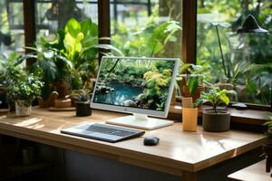 modern Computer Bildschirm mit leer Bildschirm und Kaffee Tasse auf hölzern Tabelle im Büro generativ ai foto