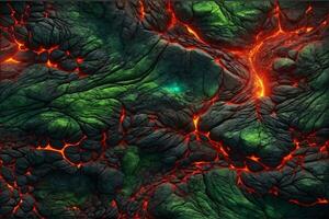Grün und rot Lava Textur Hintergrund, glühend Lava Textur Hintergrund, Magma Fluss, Lava Fluss, geknackt Lava, ai generativ foto