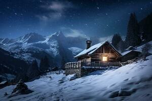 Winter Wunderland Panorama, hölzern Haus im schneebedeckt Berge unter sternenklar Himmel. generativ ai foto