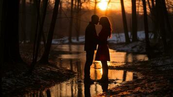 romantisch Sonnenuntergang Silhouetten zum Valentinsgrüße Tag im das Abend glühen, ai generativ foto