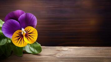 Stiefmütterchen Blume auf ein Holz Hintergrund mit Kopieren Raum, ai generativ foto