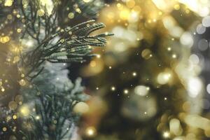 Weihnachten Baum und Geschenk Box Bälle. Bokeh Girlanden im das verwischen rot golden Hintergrund. Würfel Block zu enthalten das Zweck von tun. Entwicklung Ideen zum das Neu Jahr 2024. Festival von Feier glücklich foto