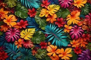 bunt tropisch Blätter und Blumen, tropisch Blume Hintergrund, exotisch Blätter Hintergrund, tropisch Blume Hintergrund, ai generativ foto