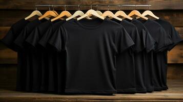 Foto schwarz T-Shirts mit Kopieren Raum Attrappe, Lehrmodell, Simulation generativ ai