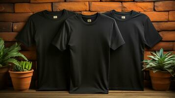 Foto schwarz T-Shirts mit Kopieren Raum Attrappe, Lehrmodell, Simulation generativ ai