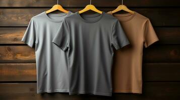 Foto grau T-Shirts mit Kopieren Raum Attrappe, Lehrmodell, Simulation generativ ai