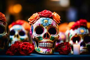 dia de los Muertos oder Tag von das tot Calavera Zucker Schädel Souvenirs mit Blume Dekoration und Kerze, ai generativ foto