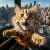 ein Katze ist erreichen es ist Hände oben im ein Antenne Aussicht ai generativ foto