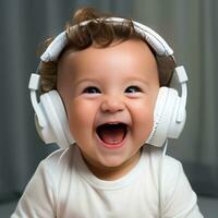 ein heiter Baby süß komisch Überraschung im Kopfhörer Hören zu Musik- ai generativ foto