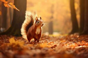 wild braun Eichhörnchen mit flauschige Schwanz Stehen auf Herbst Wald Weg. Orange Baum Blätter im fallen Stadt Park. Natur Szene im Sonnenuntergang Nebel. szenisch Landschaft mit hell Sonnenlicht. generativ ai foto