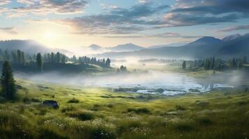 neblig Wiese Landschaft Norden Landschaft ai generiert foto