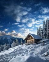 Winter Wunderland Panorama, hölzern Haus im schneebedeckt Berge unter sternenklar Himmel. generativ ai foto