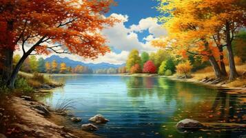 Wasser Herbst See Grün Landschaft ai generiert foto