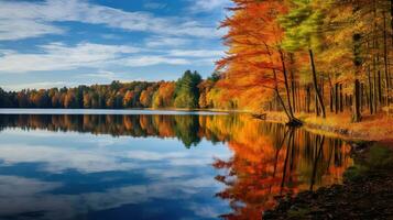 fallen Herbst See Grün Landschaft ai generiert foto