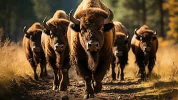 ein majestätisch Herde von wild Bison durchstreifen frei durch das grasig Felder, ihr mächtig Hufe donnernd auf das Erde wie Sie grasen und Stand groß, ein Symbol von das ungezähmt Schönheit von Natur, ai generativ foto