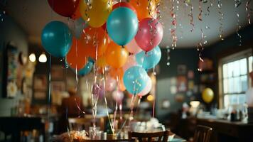 Neu Jahre Party Dekor festlich Luftballons, Streamer, und Beschilderung, ai generativ foto