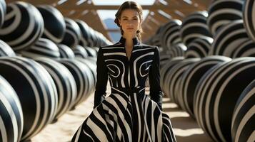 ein auffällig Frau, gekleidet im ein gestreift Zebra-inspiriert Ensemble, steht hoch und zuversichtlich im das draußen, ausströmend ein wild und Fashion Forward Aura, ai generativ foto