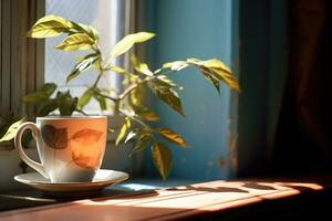 ein Tasse von Kaffee sitzt auf ein Fensterbrett Nächster zu ein eingetopft Pflanze im das warm Sonnenlicht von Sonntag Nachmittag. das Szene ist friedlich und einladend, perfekt zum ein entspannend Nachmittag. generativ ai foto