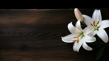 schön Lilie Blume auf Holz Hintergrund mit Kopieren Raum, ai generativ foto