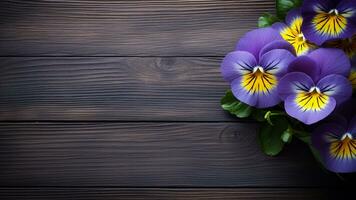 Stiefmütterchen Blume auf ein Holz Hintergrund mit Kopieren Raum, ai generativ foto