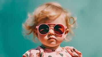 Mode Porträt von stilvoll Baby Mädchen mit Sonnenbrille auf Sommer, ai generativ foto