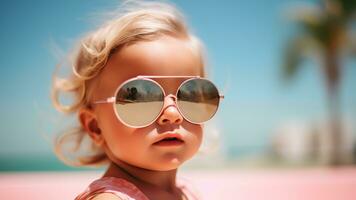 Mode Porträt von stilvoll Baby Mädchen mit Sonnenbrille auf Sommer, ai generativ foto