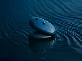 ein wenige Kieselsteine auf das Oberfläche von sanft plätschern Blau Wasser ai generieren foto