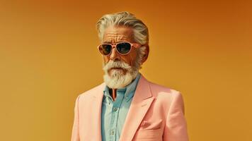 stilvoll Sommer- Porträt Alten Mann im Sonnenbrille auf Pastell, ai generativ foto