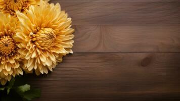 Chrysantheme Blume auf Holz Hintergrund mit Kopieren Raum, ai generativ foto